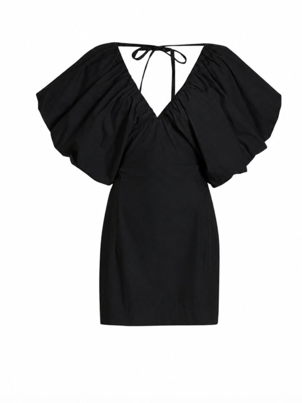 SWF Puff Sleeve Mini Dress Womens Medium Black V-Neck Cotton Tie Back S/W/F